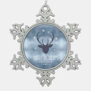Ornement Flocon De Neige Silhouette de bois de cerf & flocons de neige Bleu