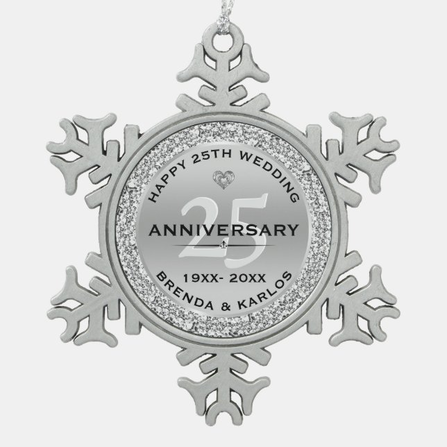 Ornement Flocon De Neige Silver & diamants blancs 25e anniversaire du maria (Devant)