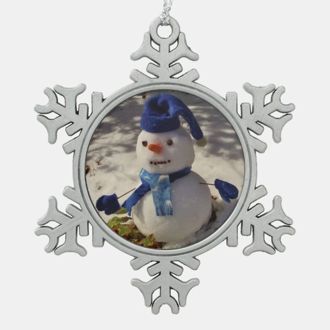 Ornement Flocon De Neige Snowman avec casquette bleu, gants et écharpe (Devant)