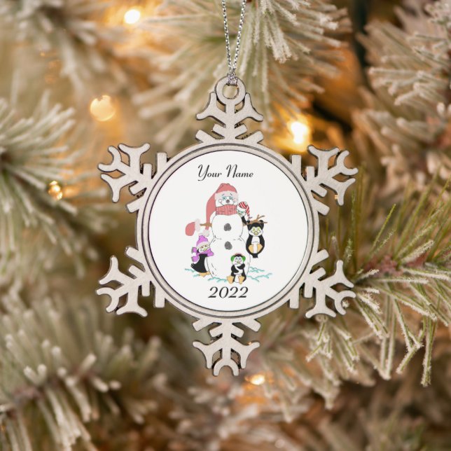 Ornement Flocon De Neige Snowman & Penguin Christmas Snowflake Pewer Chris (Arbre)