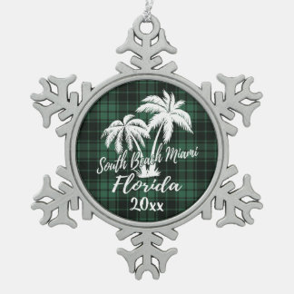 Ornement Flocon De Neige South Miami Beach Floride Palm Green Plaid