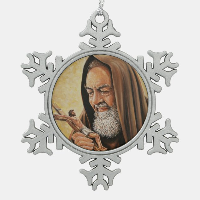 Ornement Flocon De Neige St Aumônier Pio avec le crucifix (Devant)