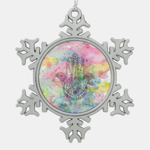 Ornement Flocon De Neige Symbole main HAMSA Aquarelle colorée
