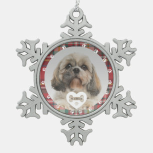 Ornement Flocon De Neige Tzu Shih à carreaux Photo de chien de Noël Vacance