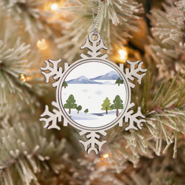 Ornement Flocon De Neige Un paysage hivernal aux arbres enneigés, (Arbre)