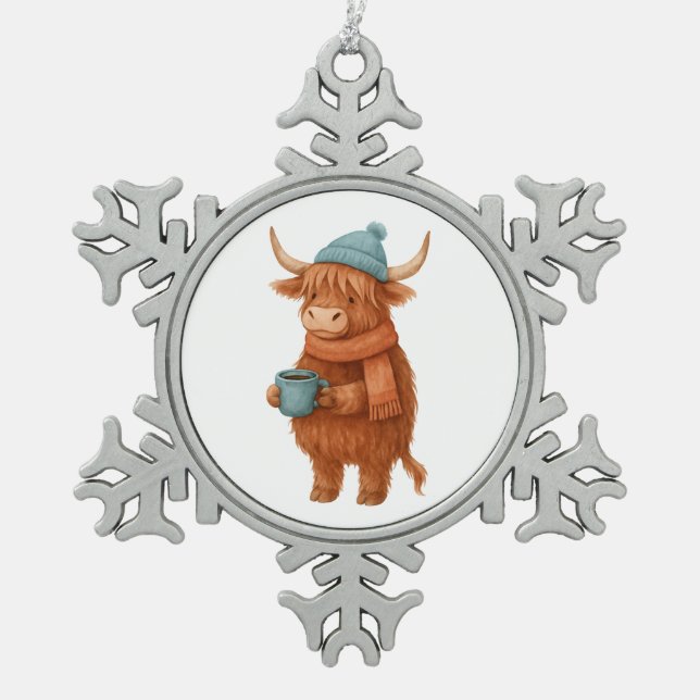 Ornement Flocon De Neige Vache Highland mignonne avec café - Hiver cosy (Devant)