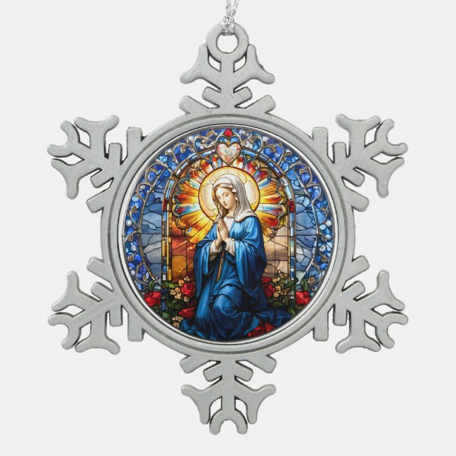 Ornement Flocon De Neige Vierge Marie priant du verre tendu (Devant)