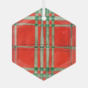 ORNEMENT HEXAGONAL EN VERRE TARTAN SCOTT ROUGE