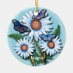 Ornement marguerite bleu papillon