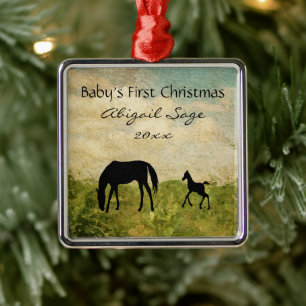 Ornement Métallique 1er Noël du bébé du Mare Foal Horse personnalisé
