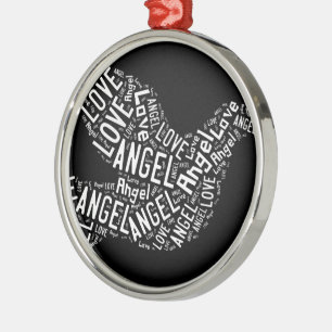 Ornement Métallique Angel Love Dove, Blanc sur Noir