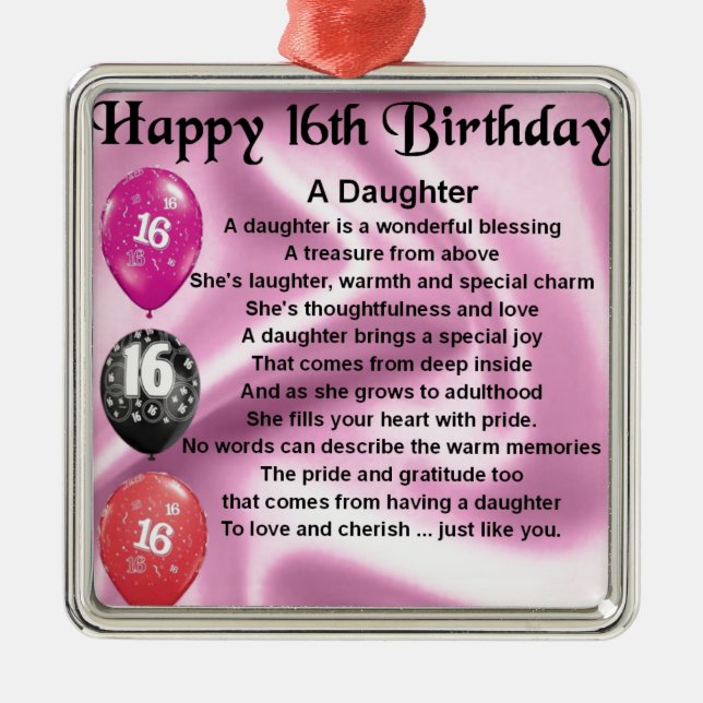 Ornement Métallique Anniversaire de poème de fille 16ème (Devant)