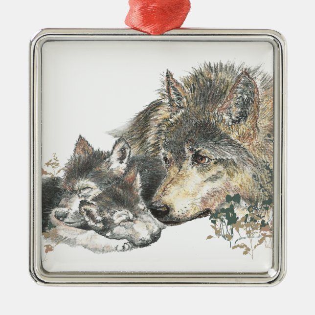 Ornement Métallique Aquarelle Mère Wolf & Cubs Animal Art (Devant)