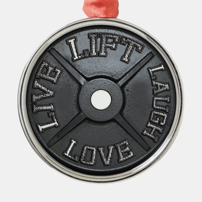 Ornement Métallique Barbell Plate - Ascenseur, Vivre, Amour, Rire (Devant)