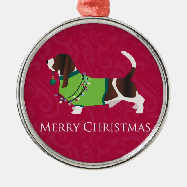 Ornement Métallique Basset Hound Joyeux Noël Design (Devant)