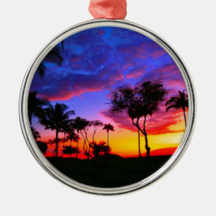 Ornement Métallique Blue Red Sunset Exotic Hawaiian Beach Palm Trees