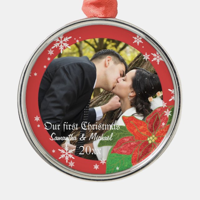 Ornement Métallique Cadeau de Noël du couple de mariage de poinsettia (Devant)