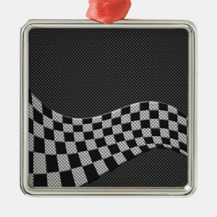 Ornement Métallique Carbone Fiber Style Racing Drapeau Checkers Vague