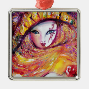 ORNEMENT MÉTALLIQUE CARNAVAL EN JAUNE D'OR AVEC ROSE ROUGE