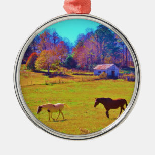Ornement Métallique Chevaux dans un champ de couleur arc-en-ciel