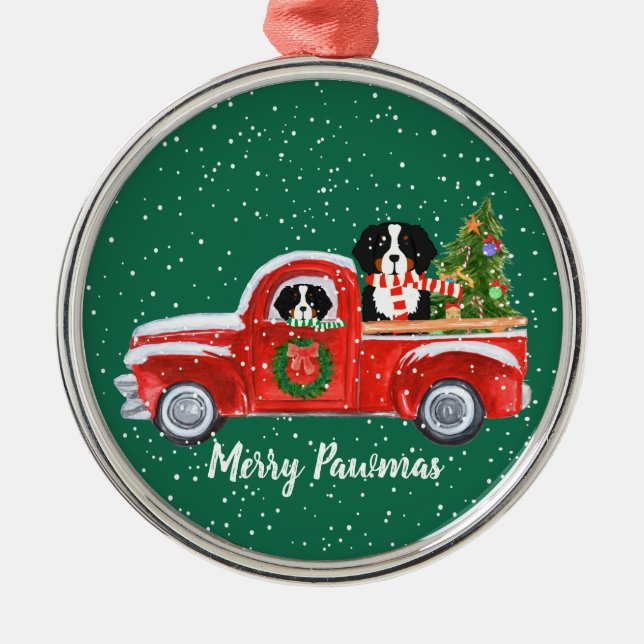 Ornement Métallique Chiens de Noël personnalisés Berner Truck rouge (Devant)