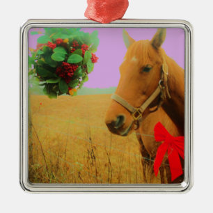 Ornement Métallique Ciel rose rétro Cheval de Noël