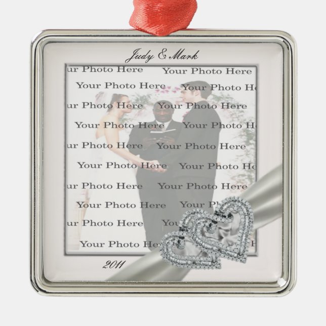 Ornement Métallique Coeurs Blanc Mariage Carré Argent Ornament (Devant)