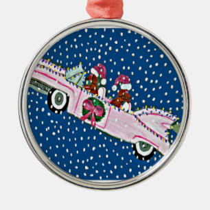 Ornement Métallique Dachshund Pères Noël Cadillac rose de Noël