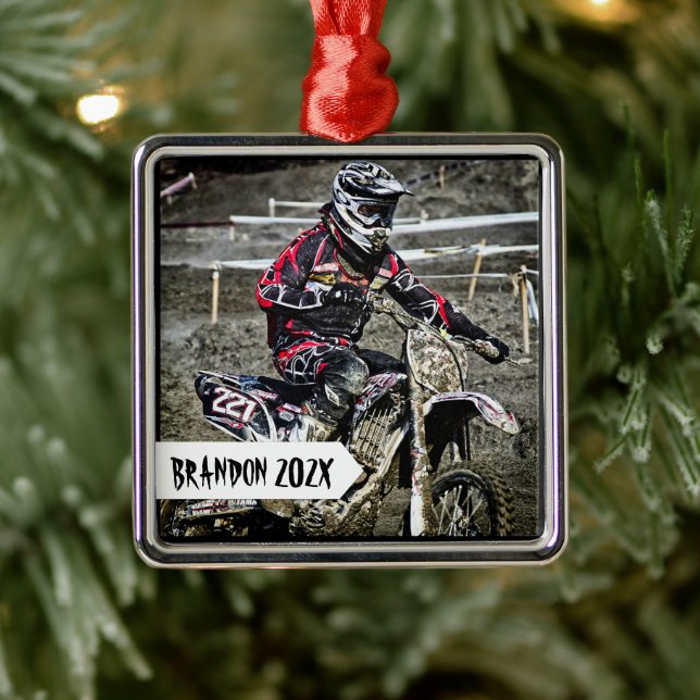 Ornement Métallique Dirt Bike Racer Nom personnalisé Photo (Arbre)