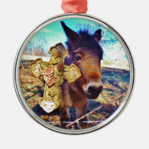 Ornement Métallique Donkey avec croix Rose