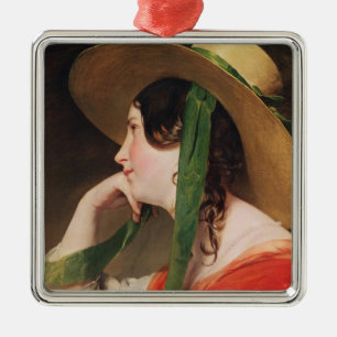 Ornement Métallique Fille dans un chapeau de paille jaune,