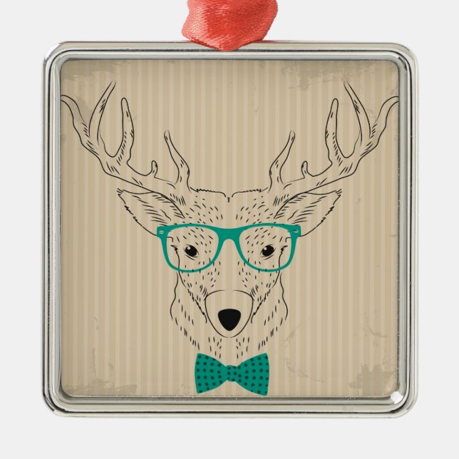 Ornement Métallique Hipster Reindeer Elk avec des lunettes grungy Noël (Devant)
