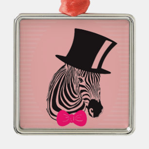 Ornement Métallique Hipster Zebra avec chapeau supérieur et Cravate Bo