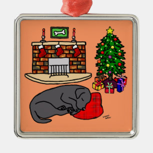 Ornement Métallique Illustration noire d'arbre de Noël de Labrador