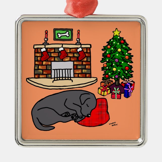 Ornement Métallique Illustration noire d'arbre de Noël de Labrador (Devant)