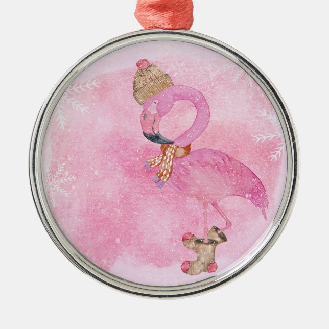 Ornement Métallique Joli rose Noël Flamant rose d'hiver Oiseau (Devant)