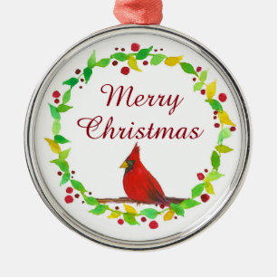Ornement Métallique Joyeux Noël Rouge Cardinal Aquarelle