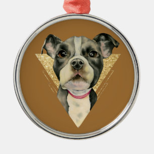 Ornement Métallique Le "chiot observe" l'aquarelle de chien de pitbull