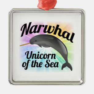 Ornement Métallique Licorne de Narwhal de la mer, arc-en-ciel mignon
