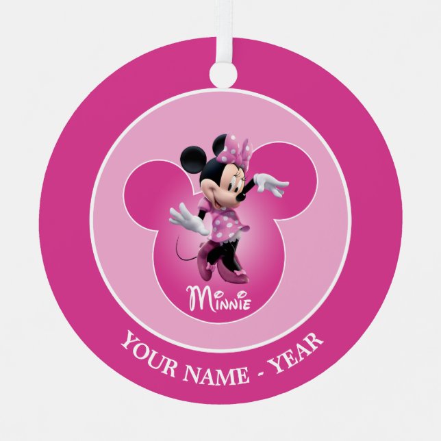 Ornement Métallique Minnie | Pink Mickey Head Icon Ajouter Votre Nom (Recto)