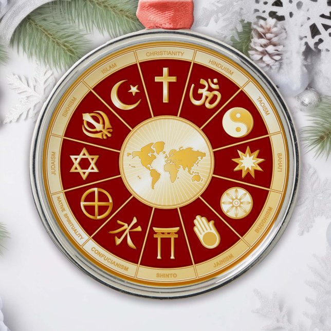Ornement Métallique Monde de l'ornement de la foi (Gold symbols of international religions surround a world map. )