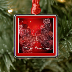 Ornement métallique papillon de Noël rouge et blan