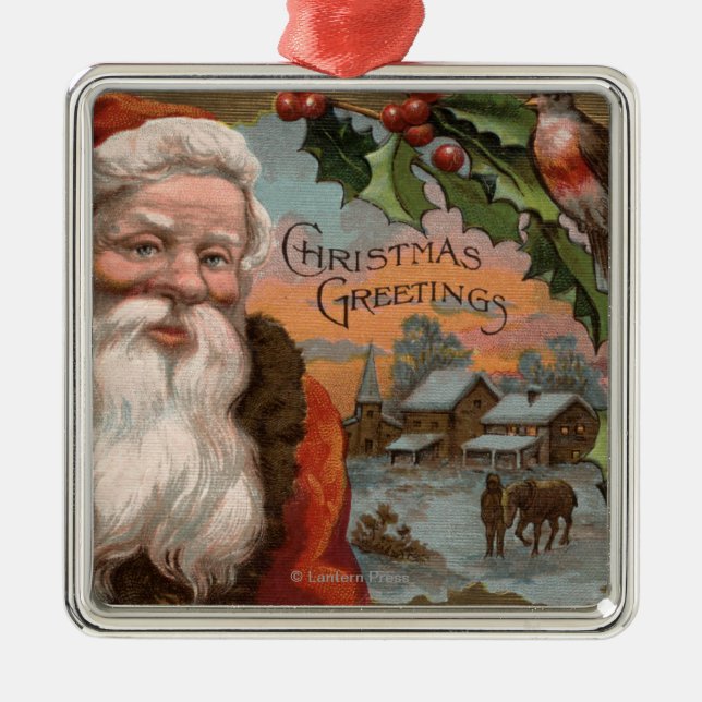 Ornement Métallique Père Noël avec le houx, scène de village (Devant)