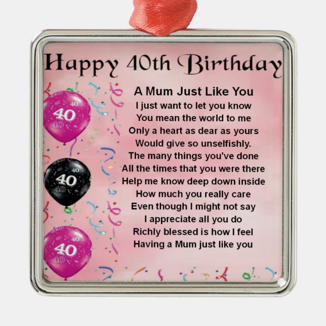 Ornement Métallique Poème de maman - quarantième anniversaire (Devant)