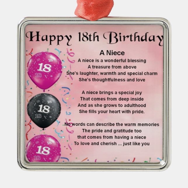 Ornement Métallique Poème de nièce - 18ème anniversaire (Devant)