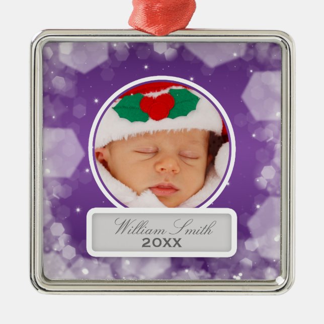 Ornement Métallique Première nuit de Noël du bébé étincelante pourpre (Devant)