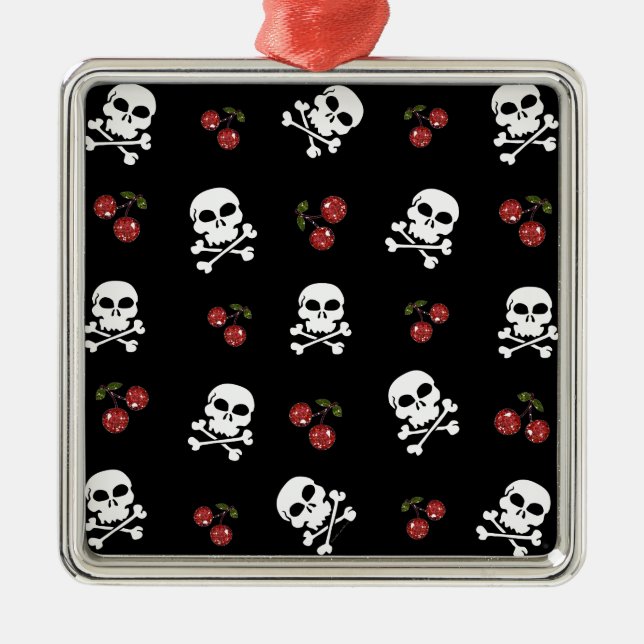Ornement Métallique RAB Rockabilly Skuls et Cerises sur Noir (Devant)