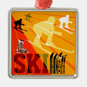 Ornement Métallique Rouge orange d'ornement de ski