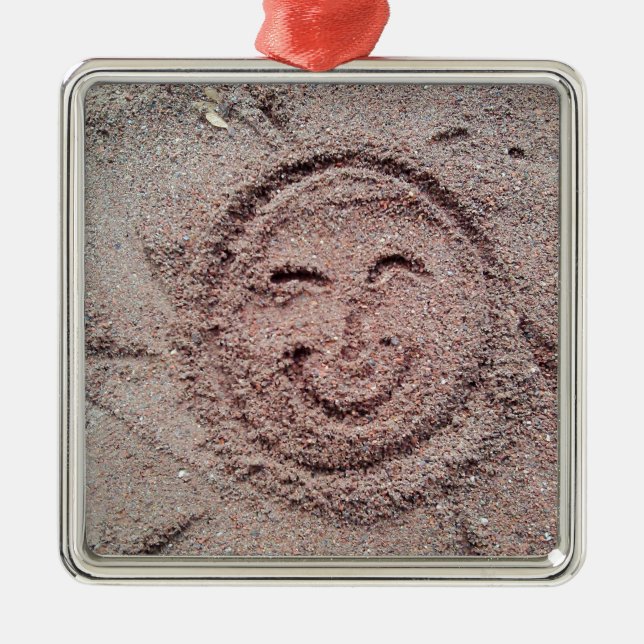 Ornement Métallique Soleil souriant, Emoticon de sable, Emoji d'été (Devant)
