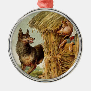 Ornement Métallique Trois Petits Cochons Grand Mauvais Loup, Vintage C